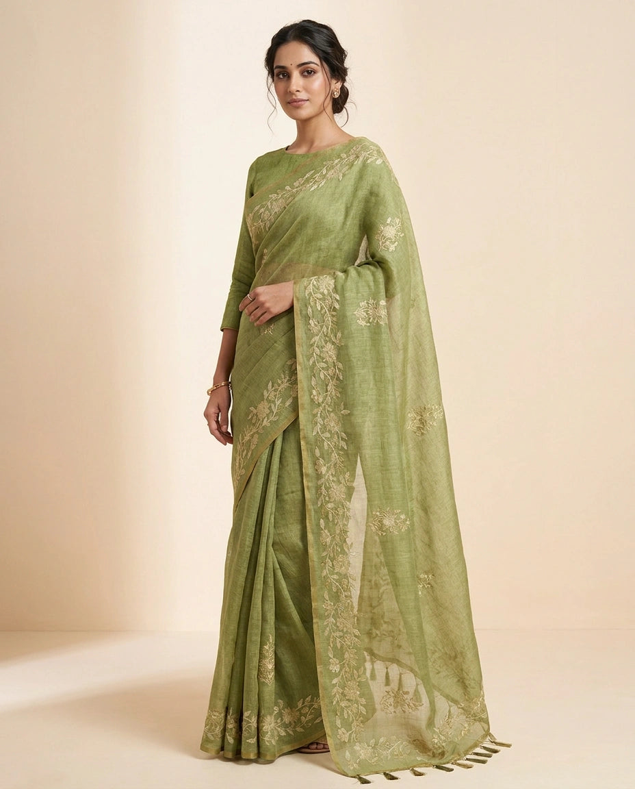 Linen Tissue Saree with Floral Embroidery on Contrast Pallu view 5