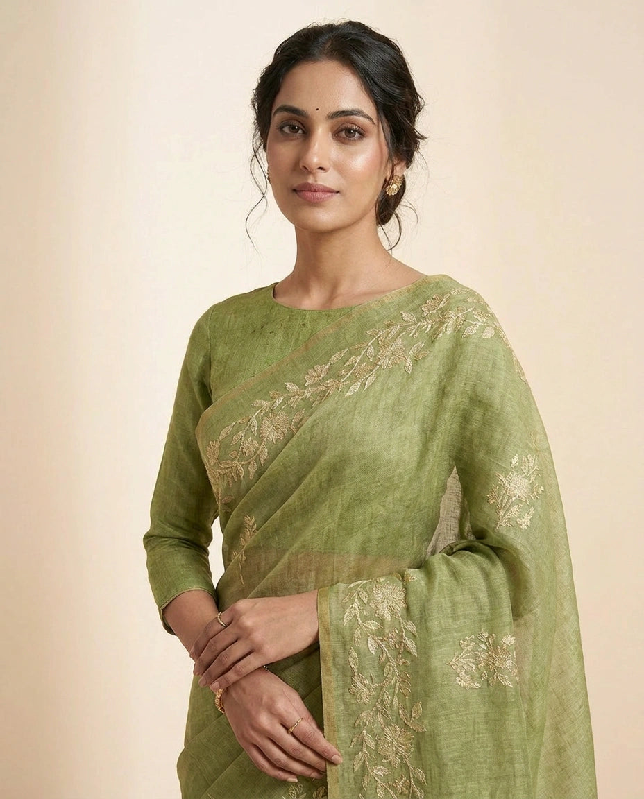 Linen Tissue Saree with Floral Embroidery on Contrast Pallu view 6