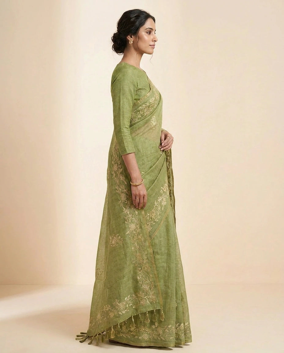 Linen Tissue Saree with Floral Embroidery on Contrast Pallu view 7