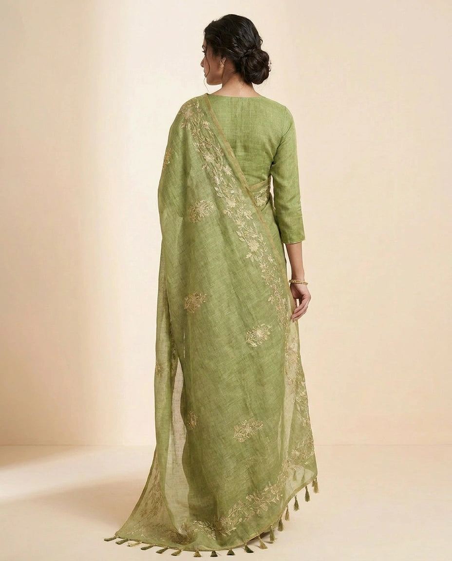 Linen Tissue Saree with Floral Embroidery on Contrast Pallu view 8