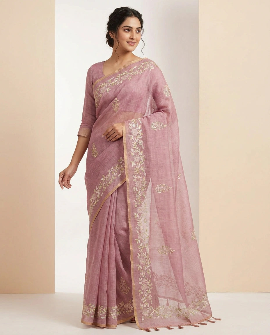 Linen Tissue Saree with Floral Embroidery on Contrast Pallu view 9