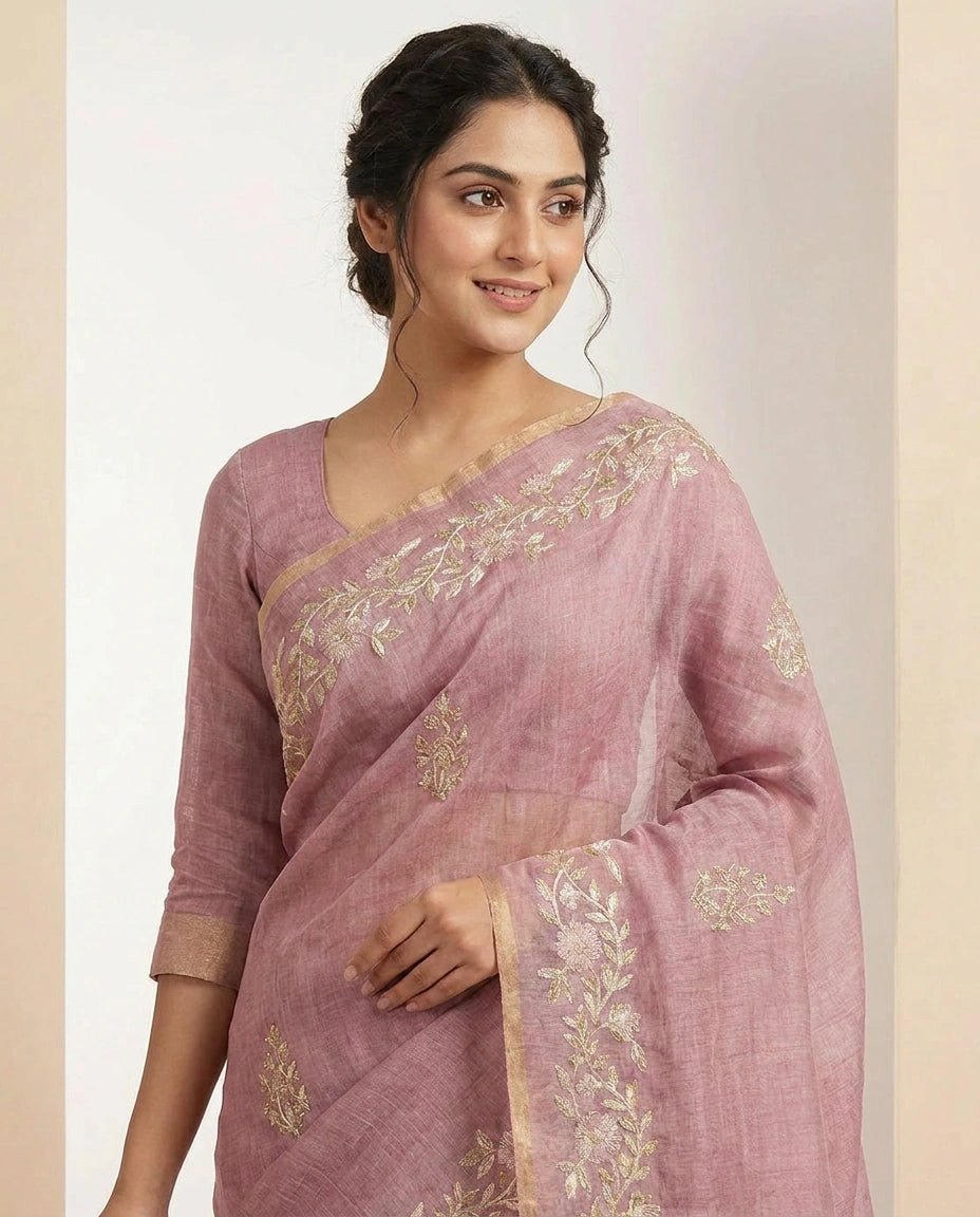 Linen Tissue Saree with Floral Embroidery on Contrast Pallu view 10