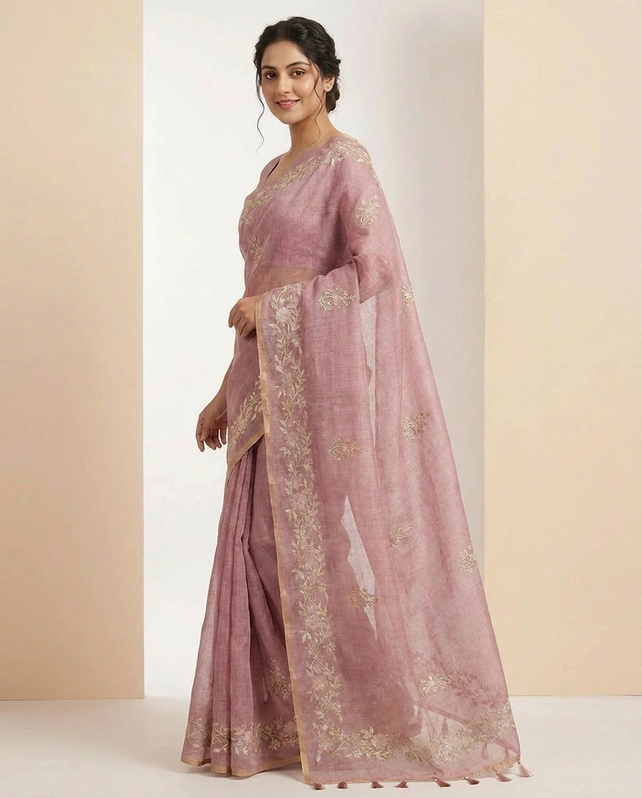 Linen Tissue Saree with Floral Embroidery on Contrast Pallu view 11