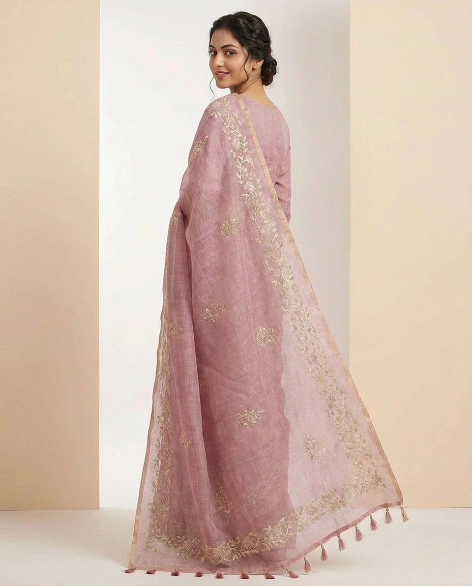 Linen Tissue Saree with Floral Embroidery on Contrast Pallu view 12