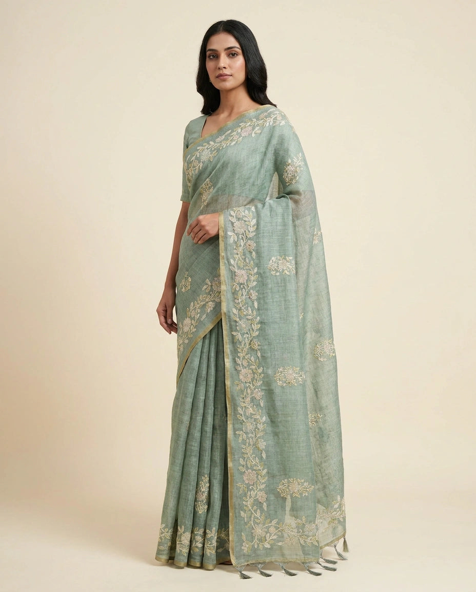Linen Tissue Saree with Floral Embroidery on Contrast Pallu view 13
