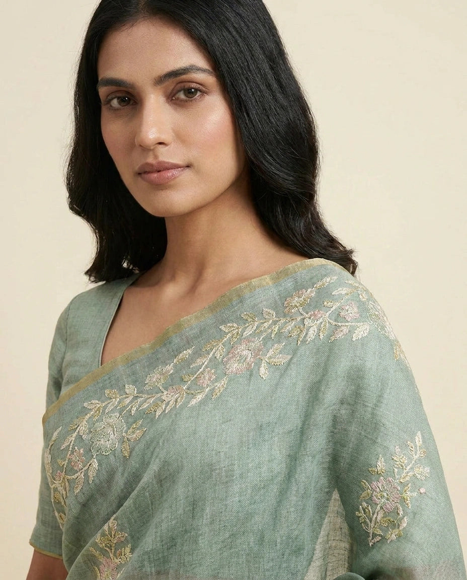 Linen Tissue Saree with Floral Embroidery on Contrast Pallu view 14