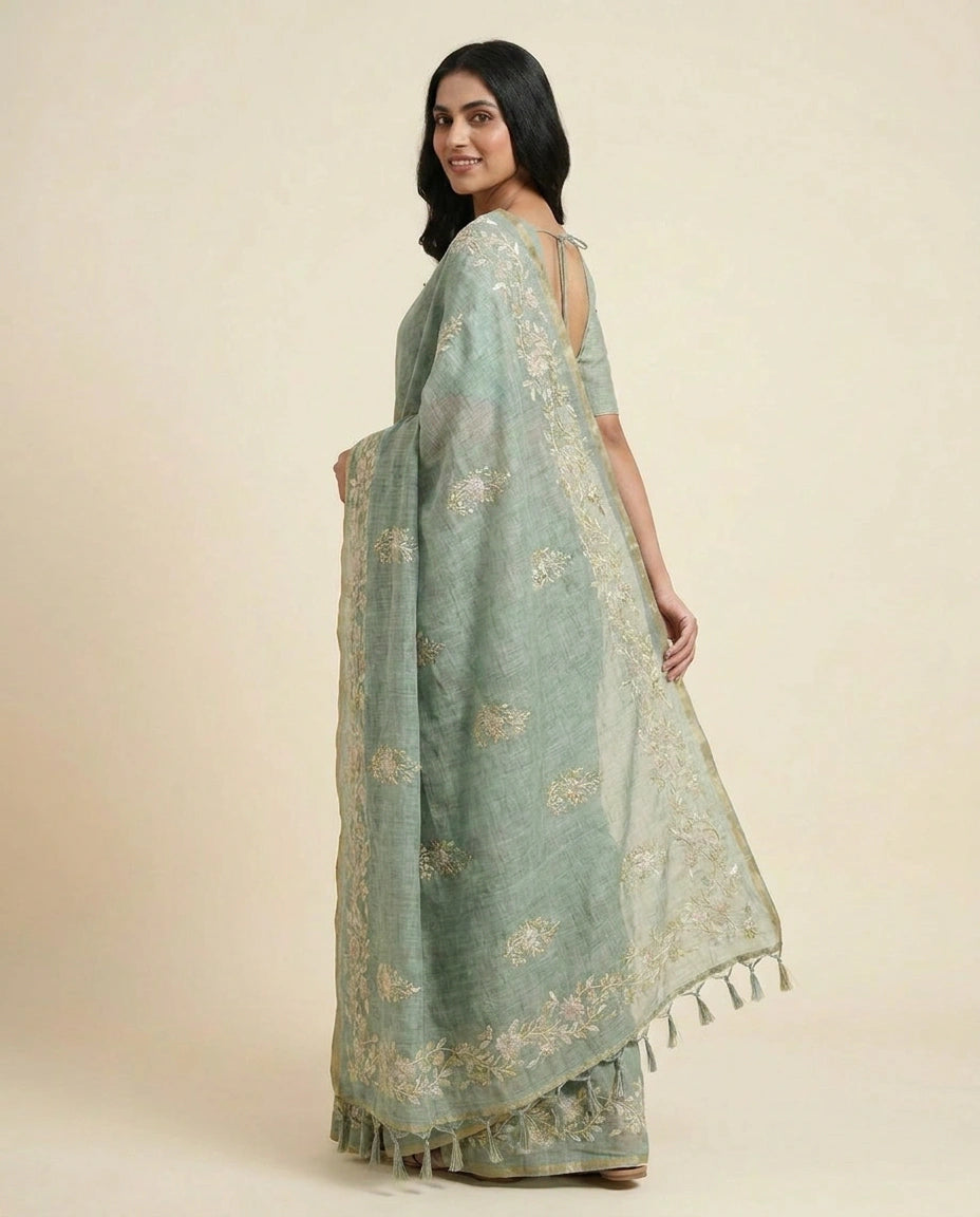 Linen Tissue Saree with Floral Embroidery on Contrast Pallu view 15