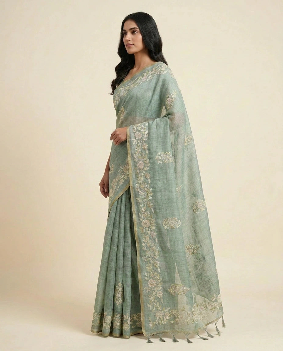 Linen Tissue Saree with Floral Embroidery on Contrast Pallu view 16
