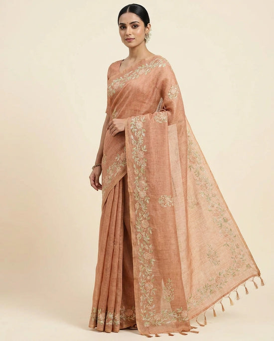 Peach Linen Tissue Saree with Floral Embroidery on Contrast Pallu