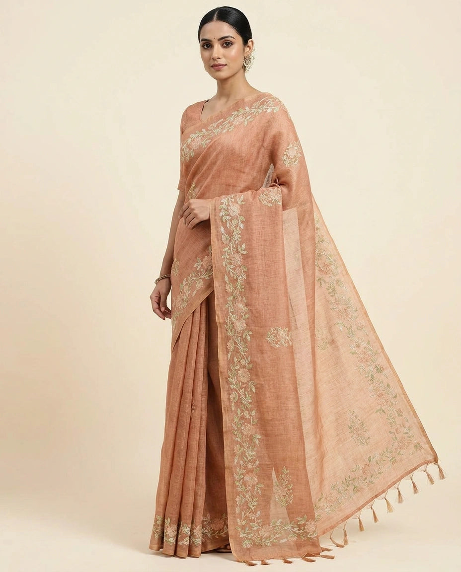 Peach Linen Tissue Saree with Floral Embroidery on Contrast Pallu