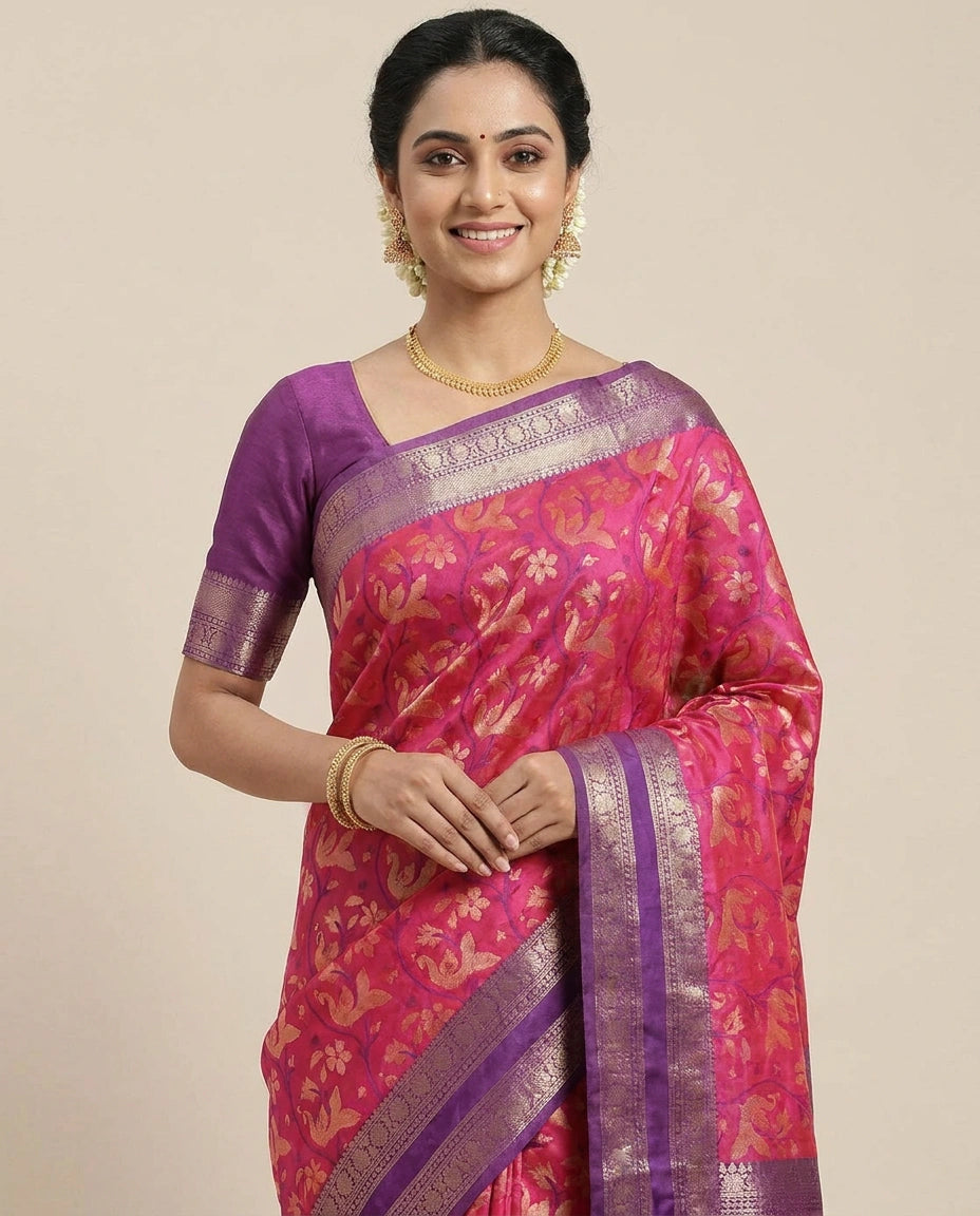 South Weave Saree in Silk Katan with Woven Border - Rangoli India