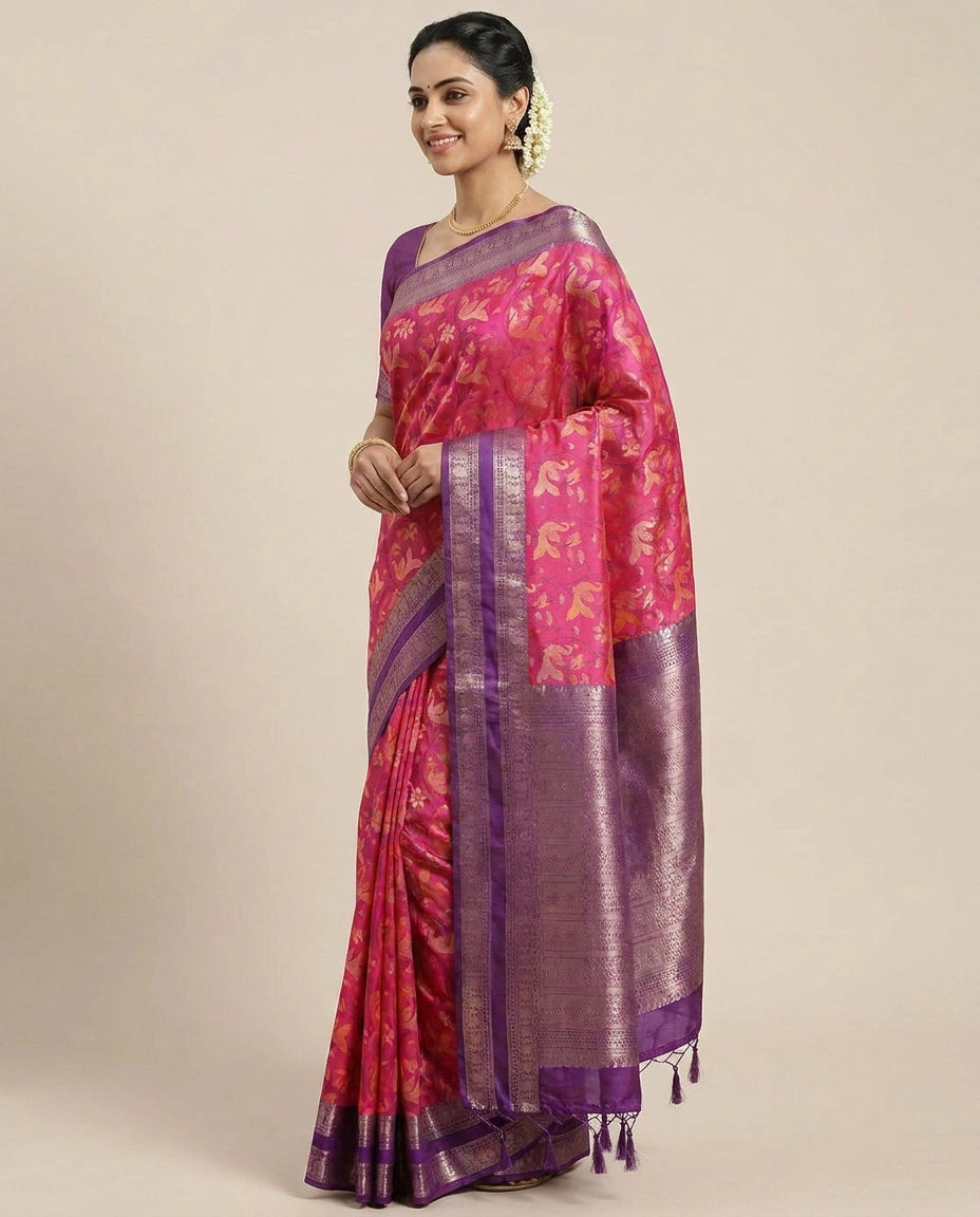 South Weave Saree in Silk Katan with Woven Border - Rangoli India