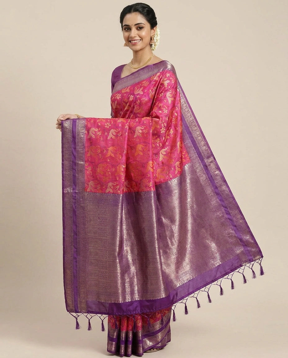 South Weave Saree in Silk Katan with Woven Border - Rangoli India