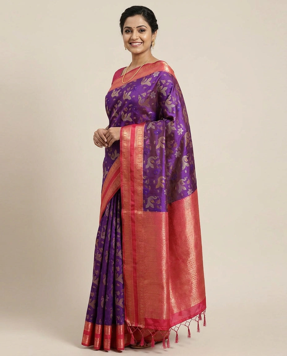 South Weave Saree in Silk Katan with Woven Border - Rangoli India