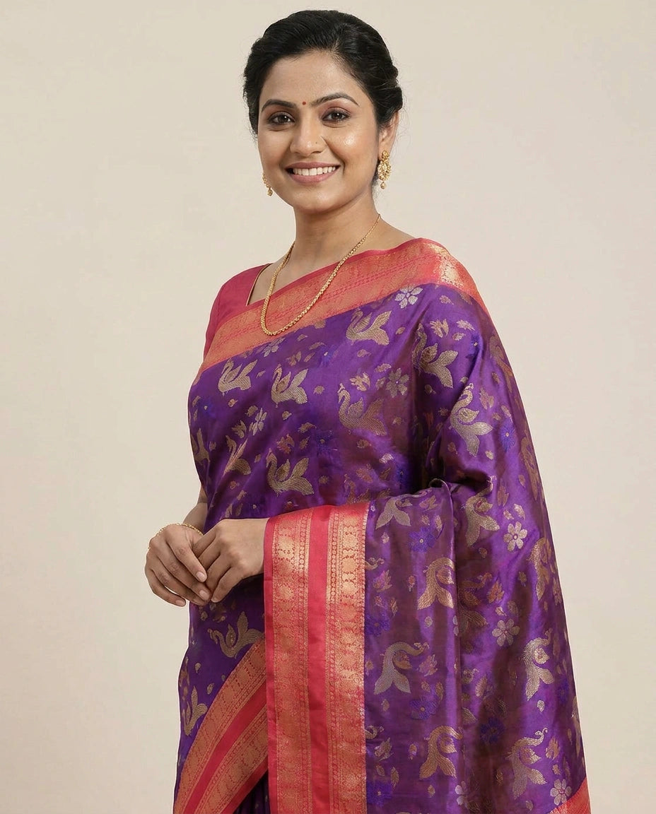 South Weave Saree in Silk Katan with Woven Border - Rangoli India
