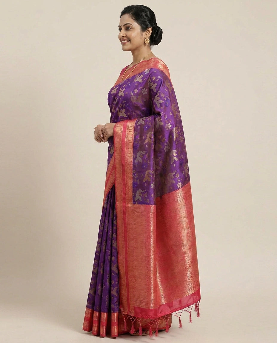 South Weave Saree in Silk Katan with Woven Border - Rangoli India