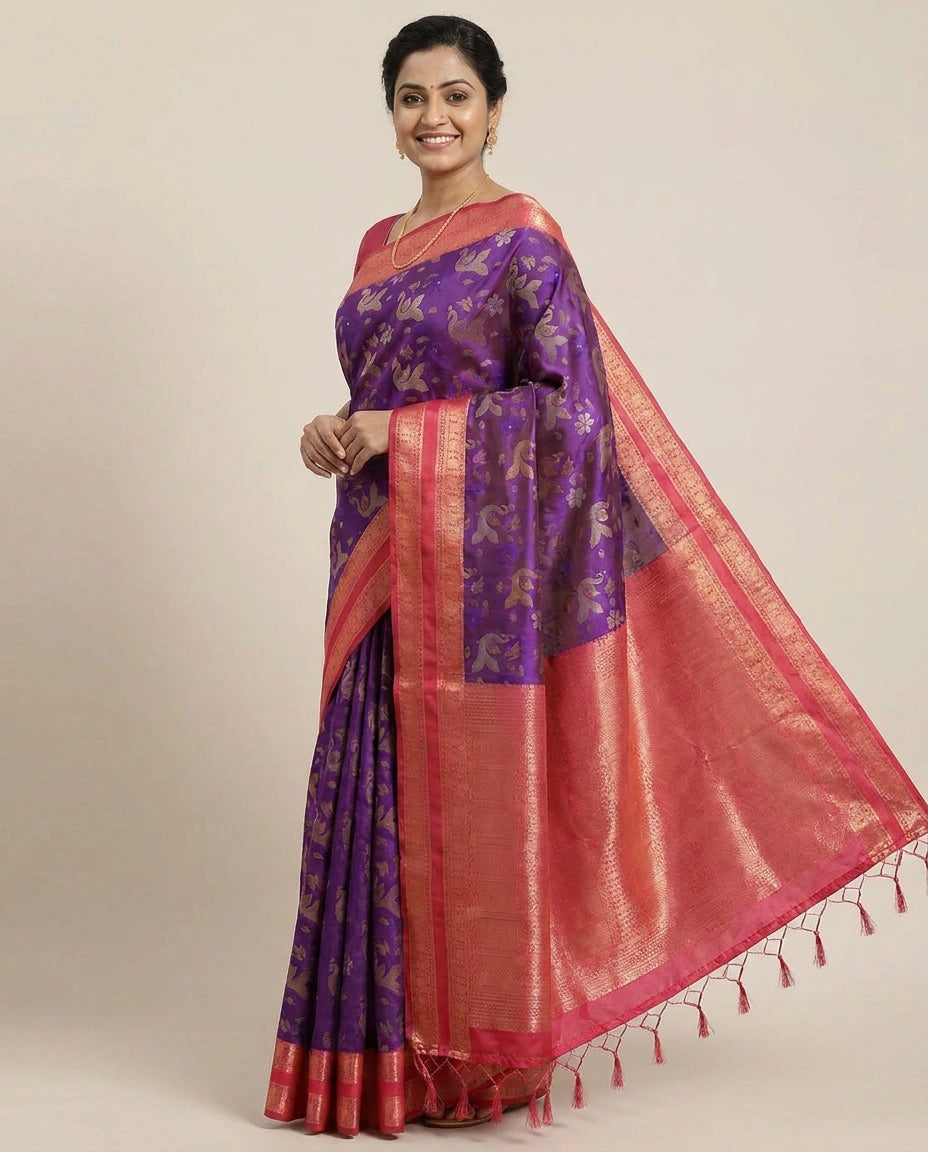 South Weave Saree in Silk Katan with Woven Border - Rangoli India
