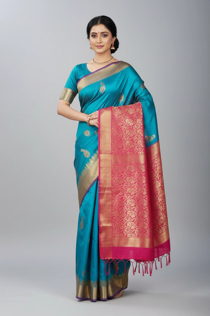 Handcrafted Pure Silk Katan South Indian Woven Silk Saree - Peach/Green | Rangoli