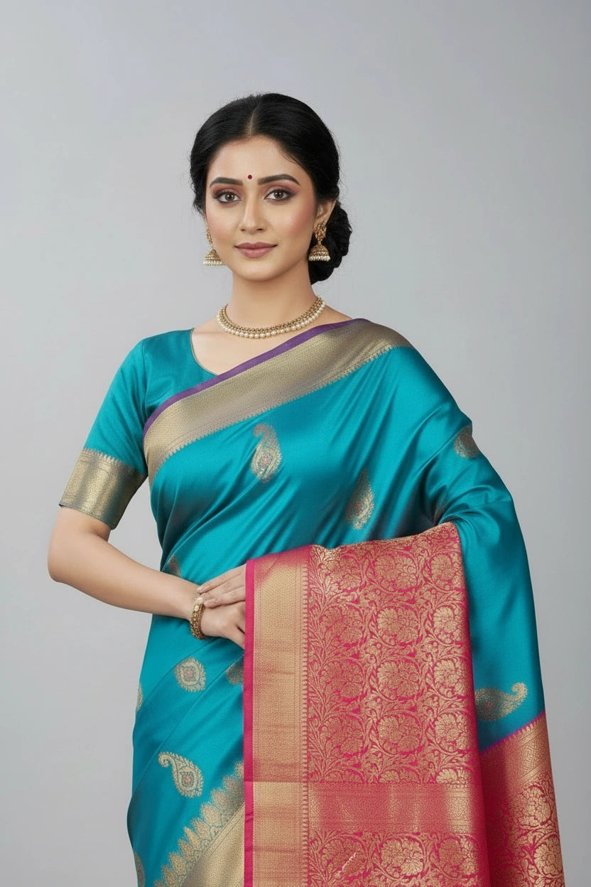 Handcrafted Pure Silk Katan South Indian Woven Silk Saree - Rani/Green | Rangoli