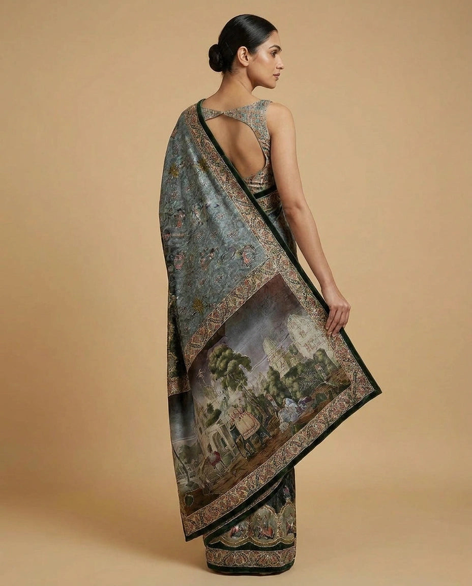 Blue Crepe Silk Saree with Hand-Embroidered Floral Border Work - Rangoli India