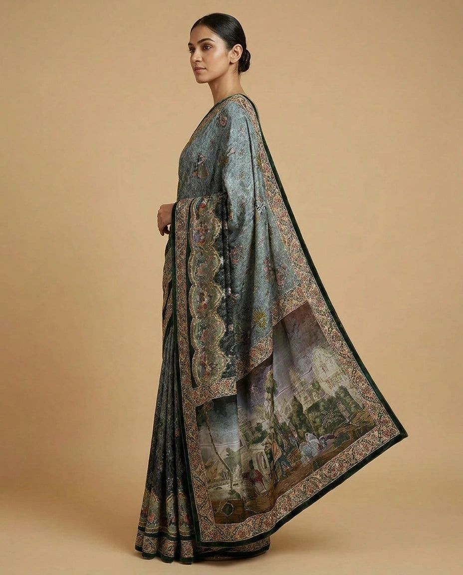 Blue Crepe Silk Saree with Hand-Embroidered Floral Border Work - Rangoli India