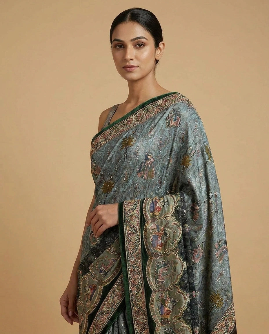 Blue Crepe Silk Saree with Hand-Embroidered Floral Border Work - Rangoli India