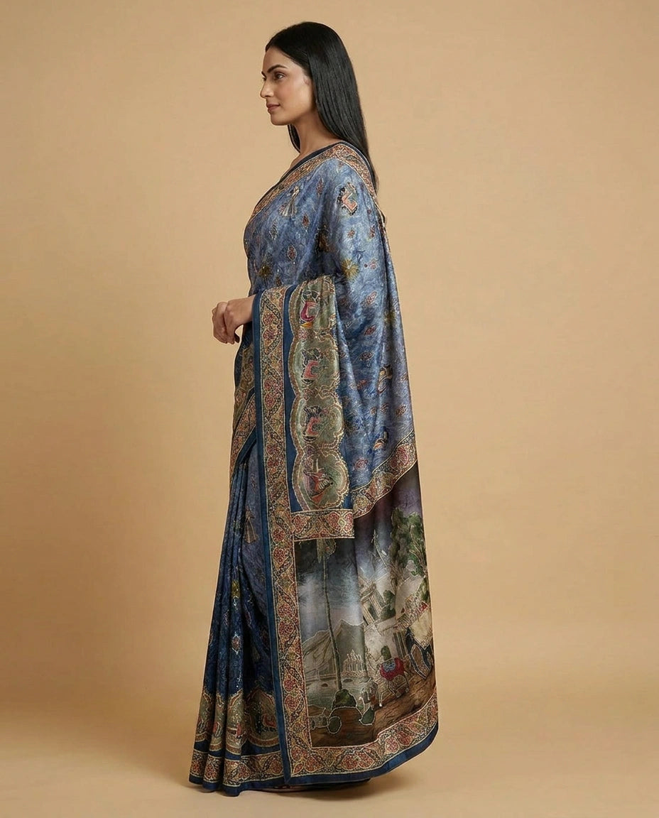 Blue Crepe Silk Saree with Hand-Embroidered Floral Border Work - Rangoli India