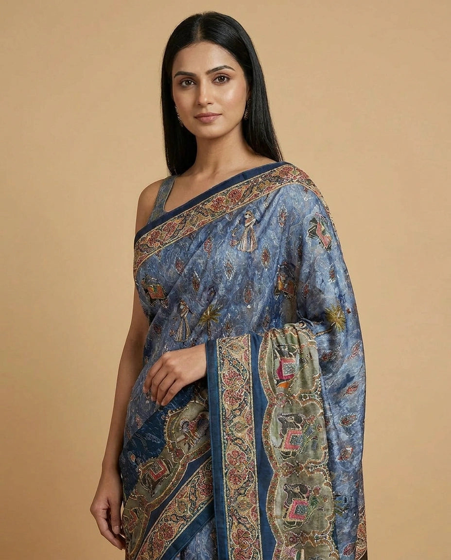 Blue Crepe Silk Saree with Hand-Embroidered Floral Border Work - Rangoli India