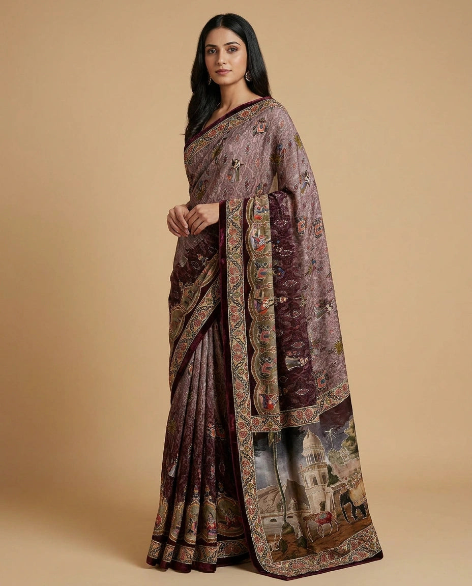 Woman wearing a patterned saree against a beige background