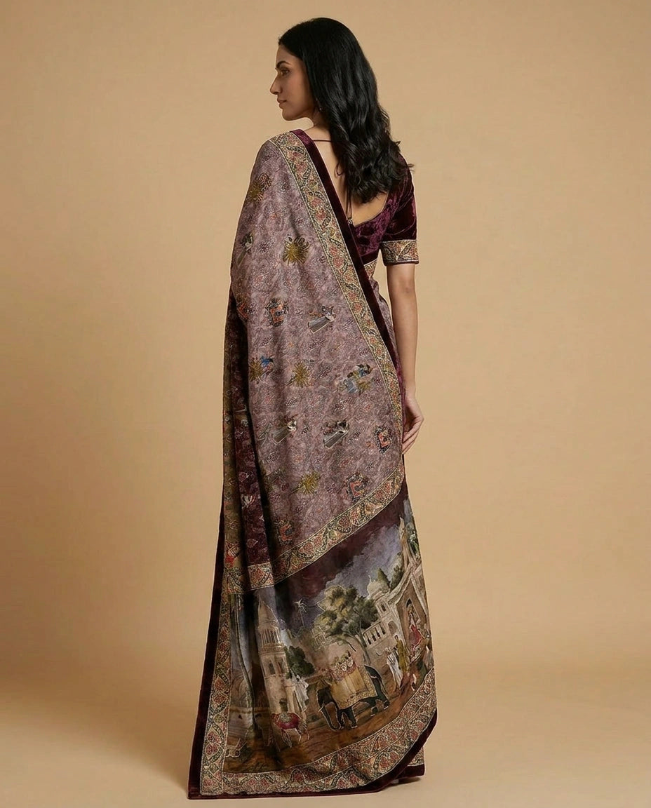 Blue Crepe Silk Saree with Hand-Embroidered Floral Border Work - Rangoli India