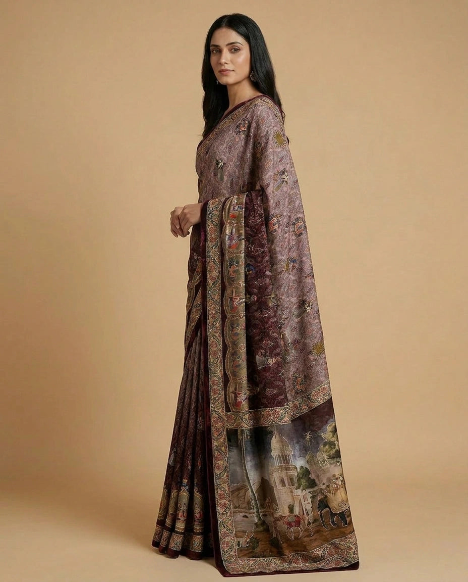 Blue Crepe Silk Saree with Hand-Embroidered Floral Border Work - Rangoli India
