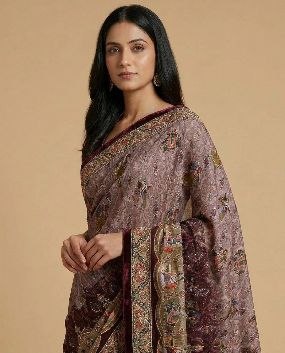 Woman wearing a traditional saree with intricate patterns on a beige background
