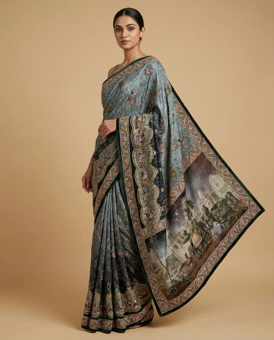 Blue Crepe Silk Saree with Hand-Embroidered Floral Border Work - Rangoli India