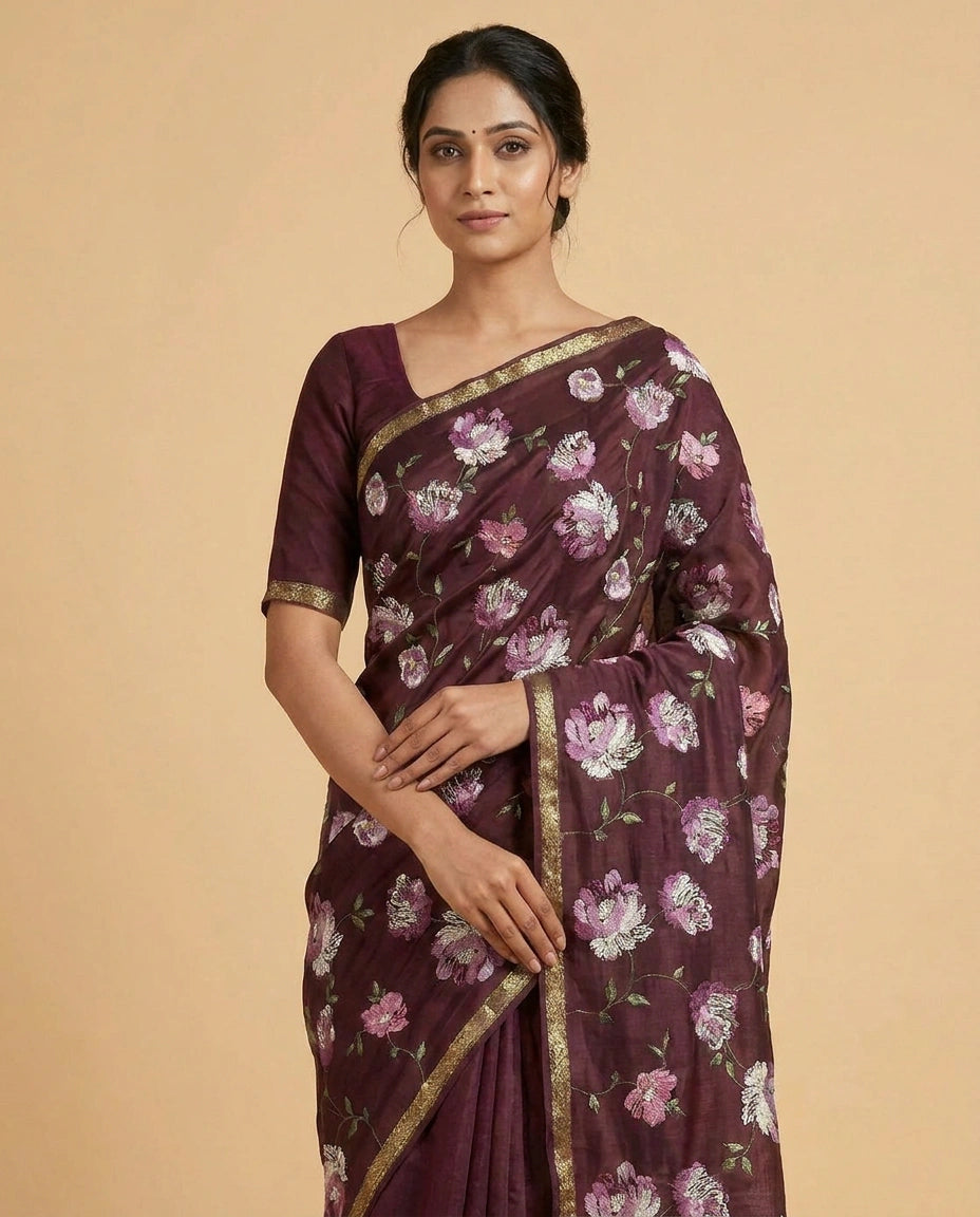 Chinon Chiffon Saree with Aari Embroidery Border Design view 2