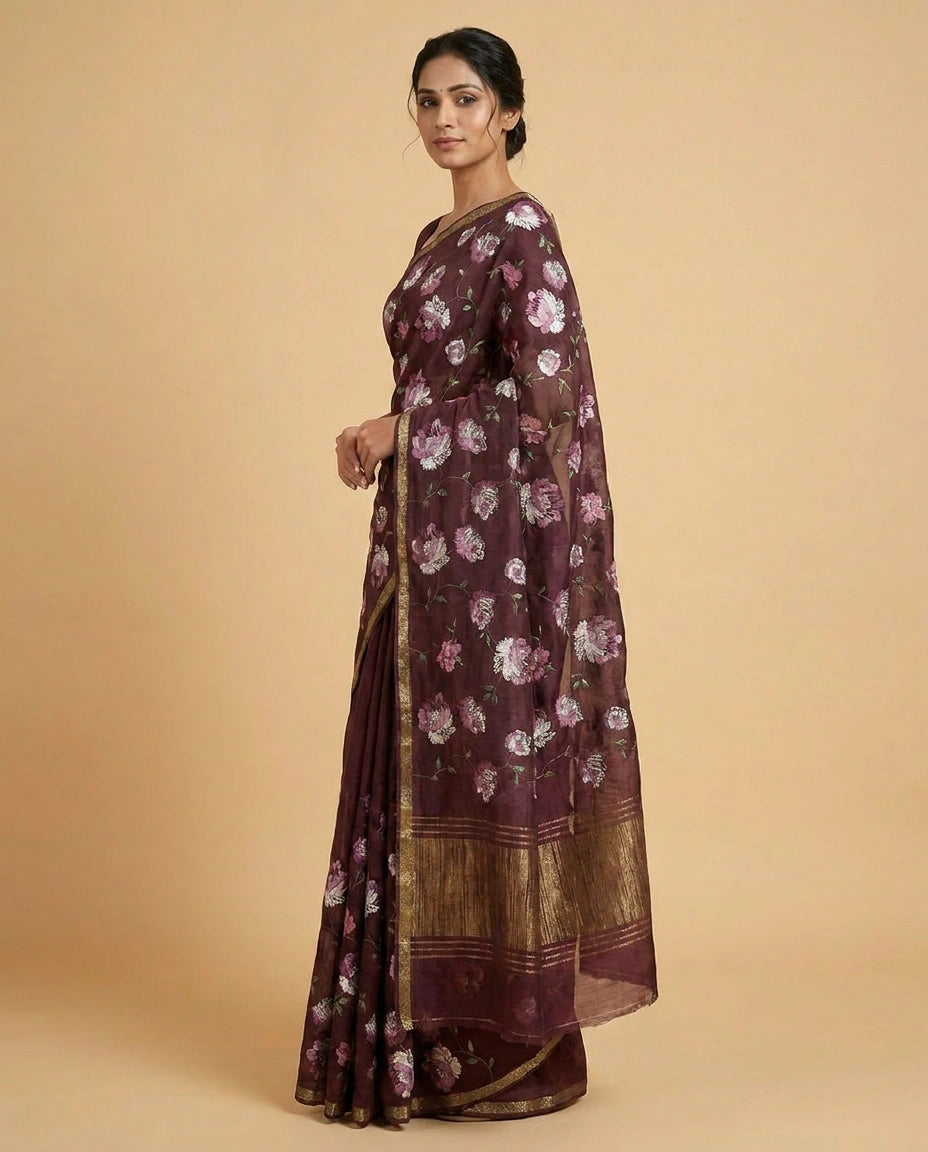 Chinon Chiffon Saree with Aari Embroidery Border Design view 3