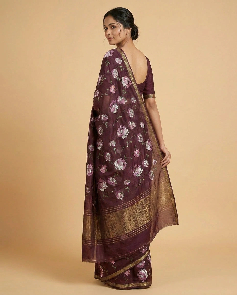 Chinon Chiffon Saree with Aari Embroidery Border Design view 4