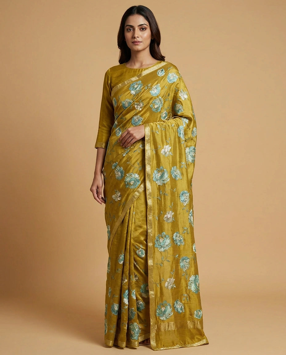 Chinon Chiffon Saree with Aari Embroidery Border Design view 5