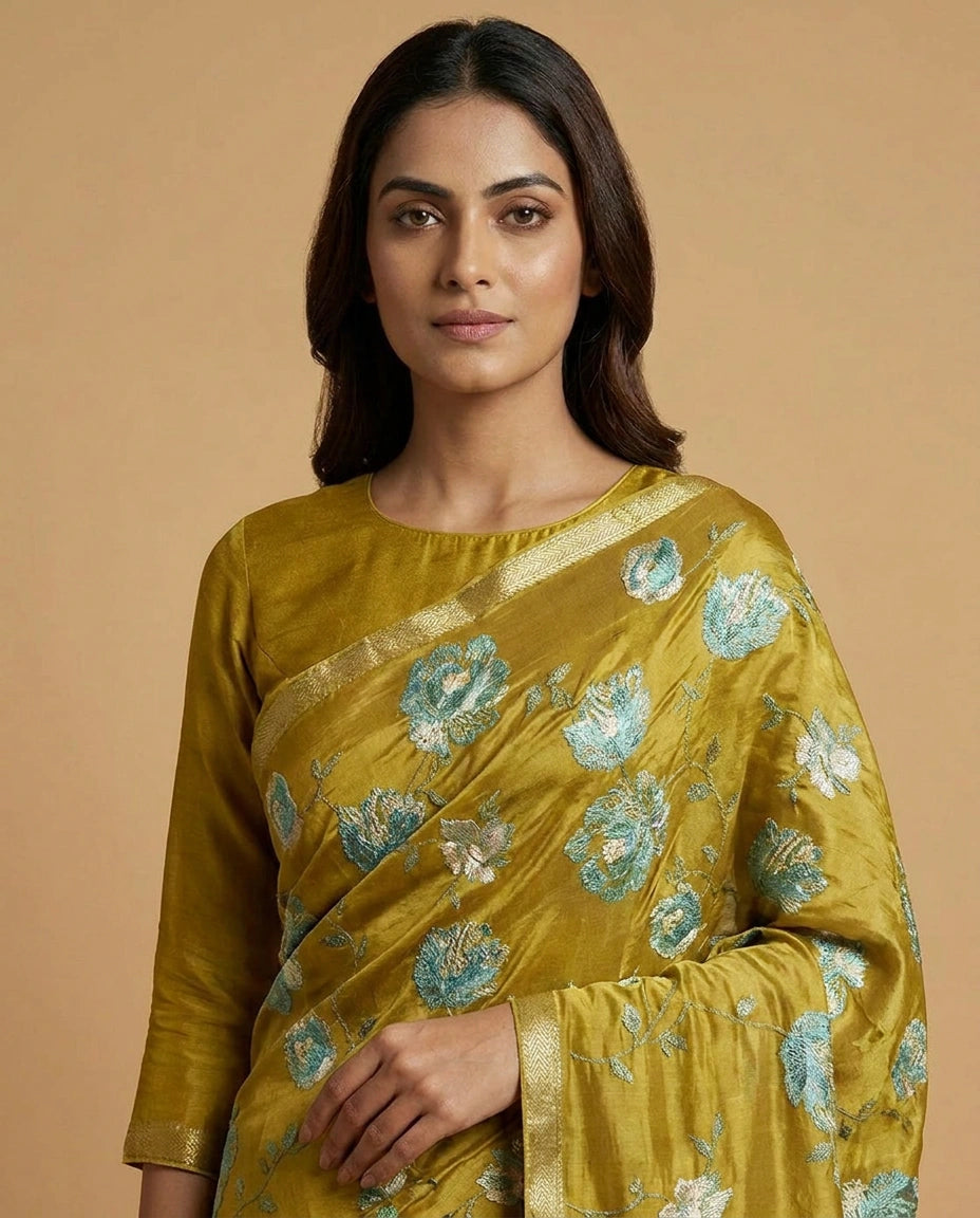 Chinon Chiffon Saree with Aari Embroidery Border Design view 6
