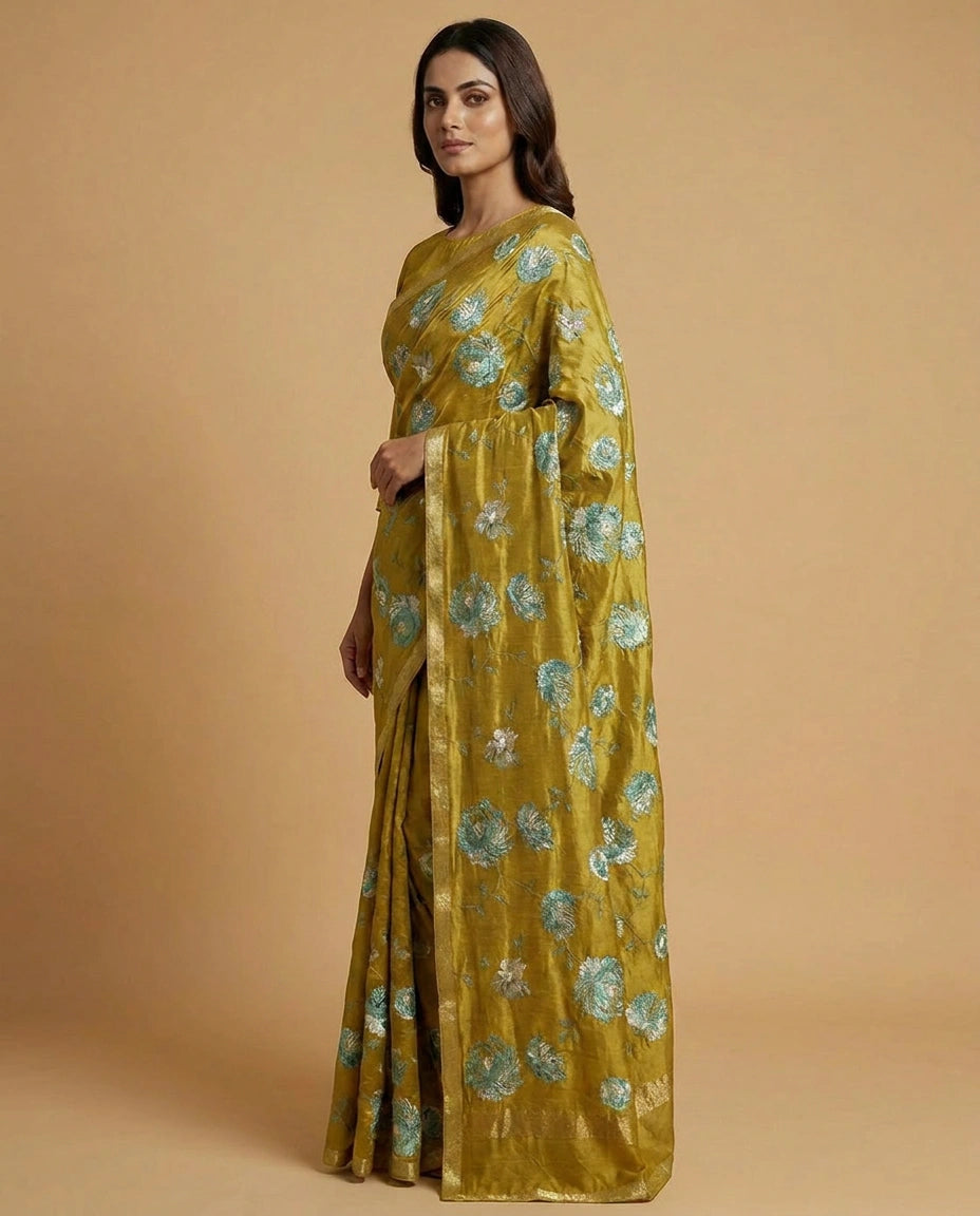 Chinon Chiffon Saree with Aari Embroidery Border Design view 7
