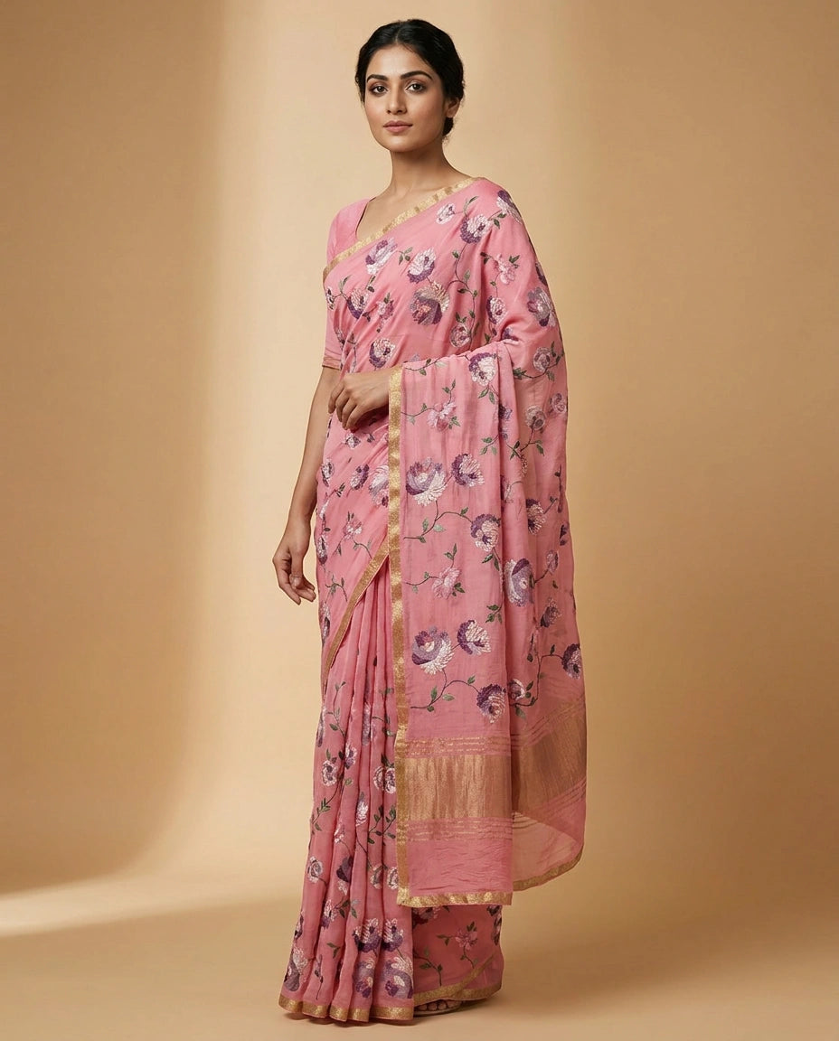 Chinon Chiffon Saree with Aari Embroidery Border Design view 9