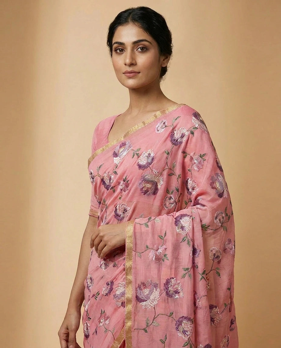 Chinon Chiffon Saree with Aari Embroidery Border Design view 10