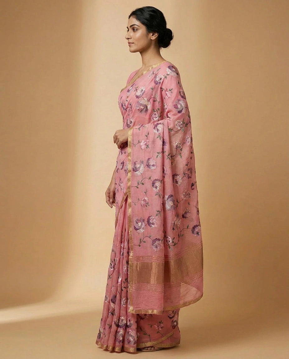 Chinon Chiffon Saree with Aari Embroidery Border Design view 11
