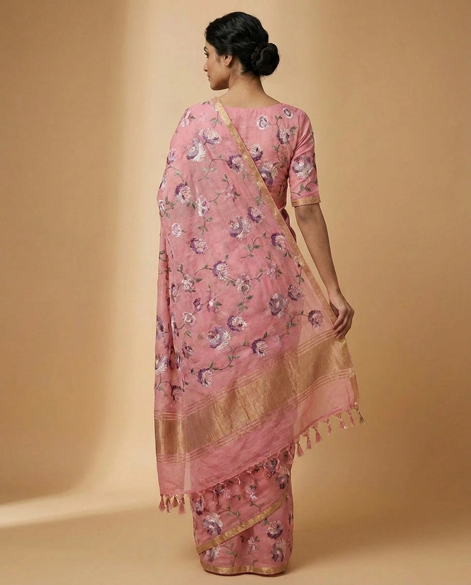 Chinon Chiffon Saree with Aari Embroidery Border Design view 12