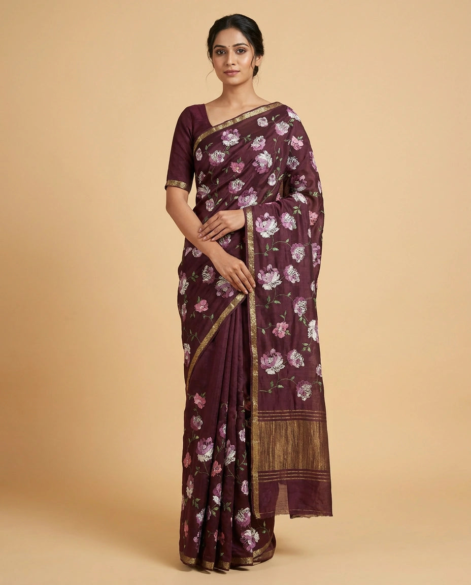 Wine Chinon Chiffon Saree with Aari Embroidery Border Design