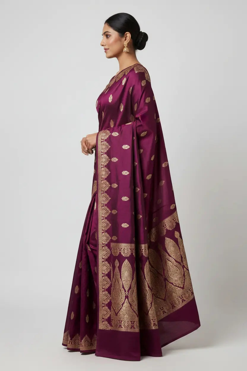 Woman wearing a maroon saree with gold patterns on a white background