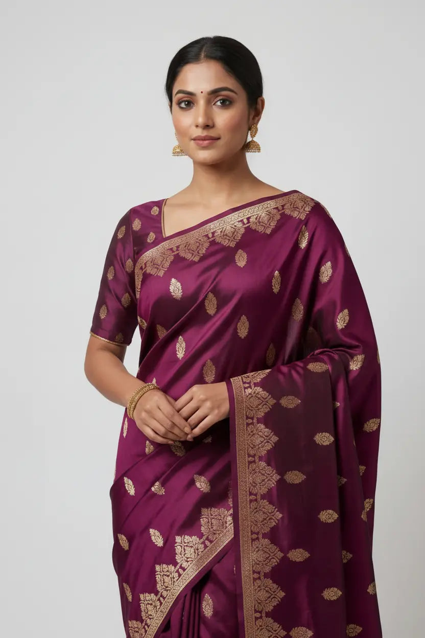 Woman wearing a purple saree with gold patterns on a white background