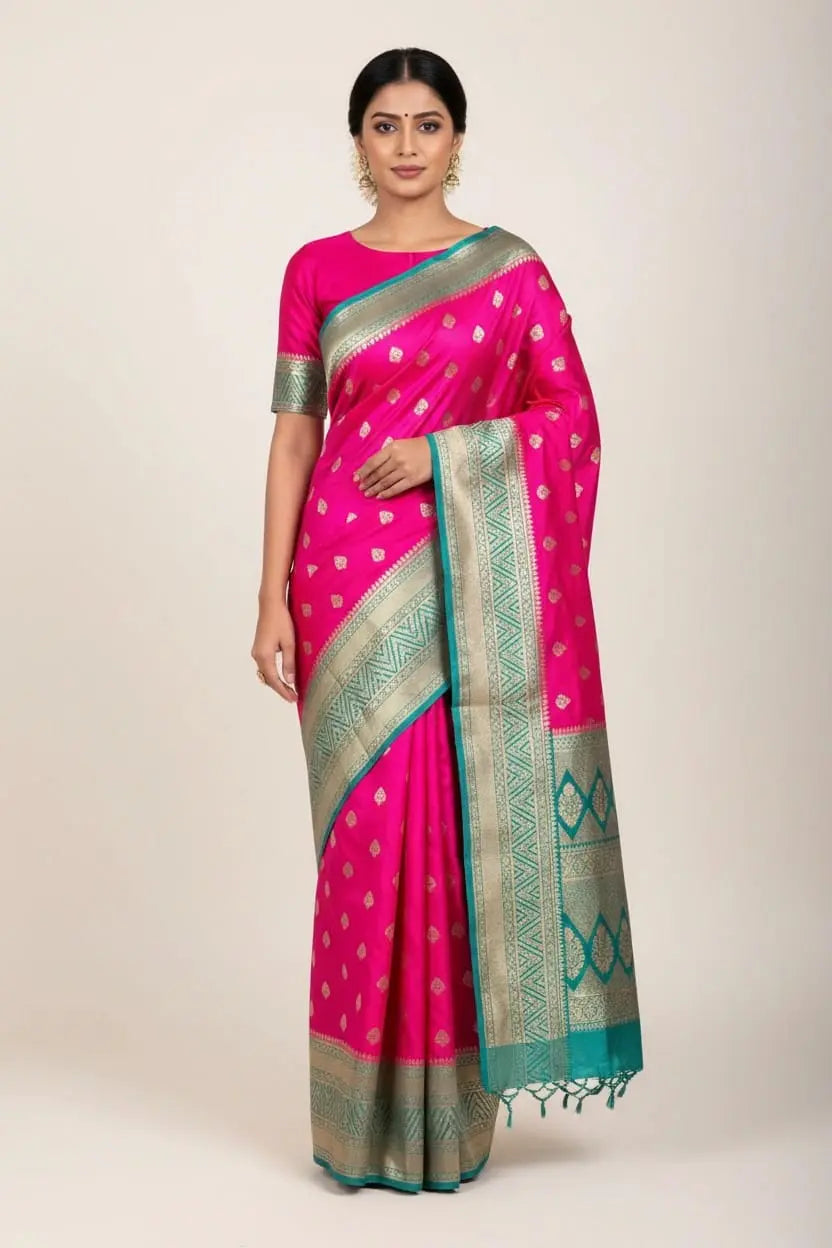 Woman wearing a pink saree with a green border on a beige background