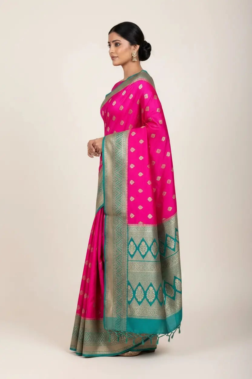 Woman wearing a pink and green saree with a white background