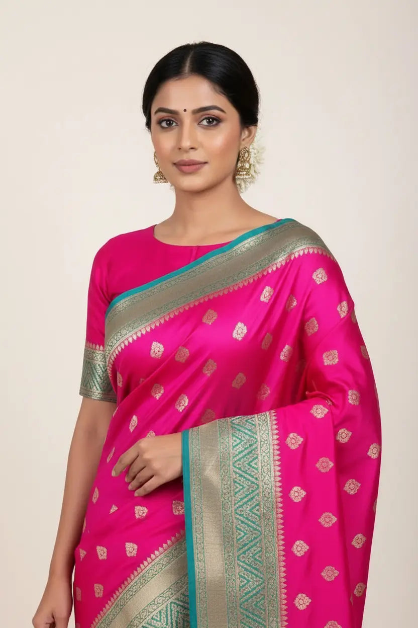 Woman wearing a pink saree with green and gold border on a beige background