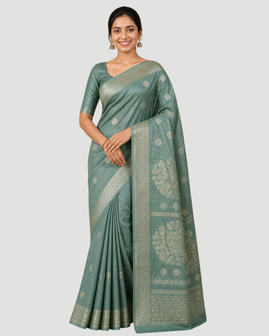 Pink Pure Cotton Saree with Gold Zari Buti and Floral Zari Pallu - Rangoli India
